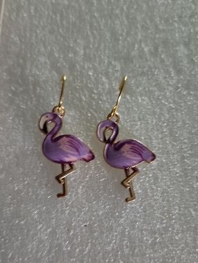 Hand Crafted Purple Flamingo Dangle Earrings with Gold Accents